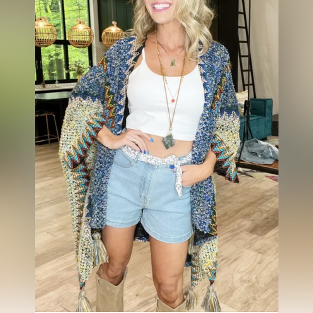 Bohemian Knit Tasseled Poncho Ruana Cardigan Sweater Hippie Top Weatern